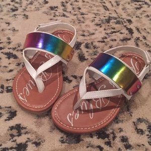Adorable white and rainbow patent strappy sandals